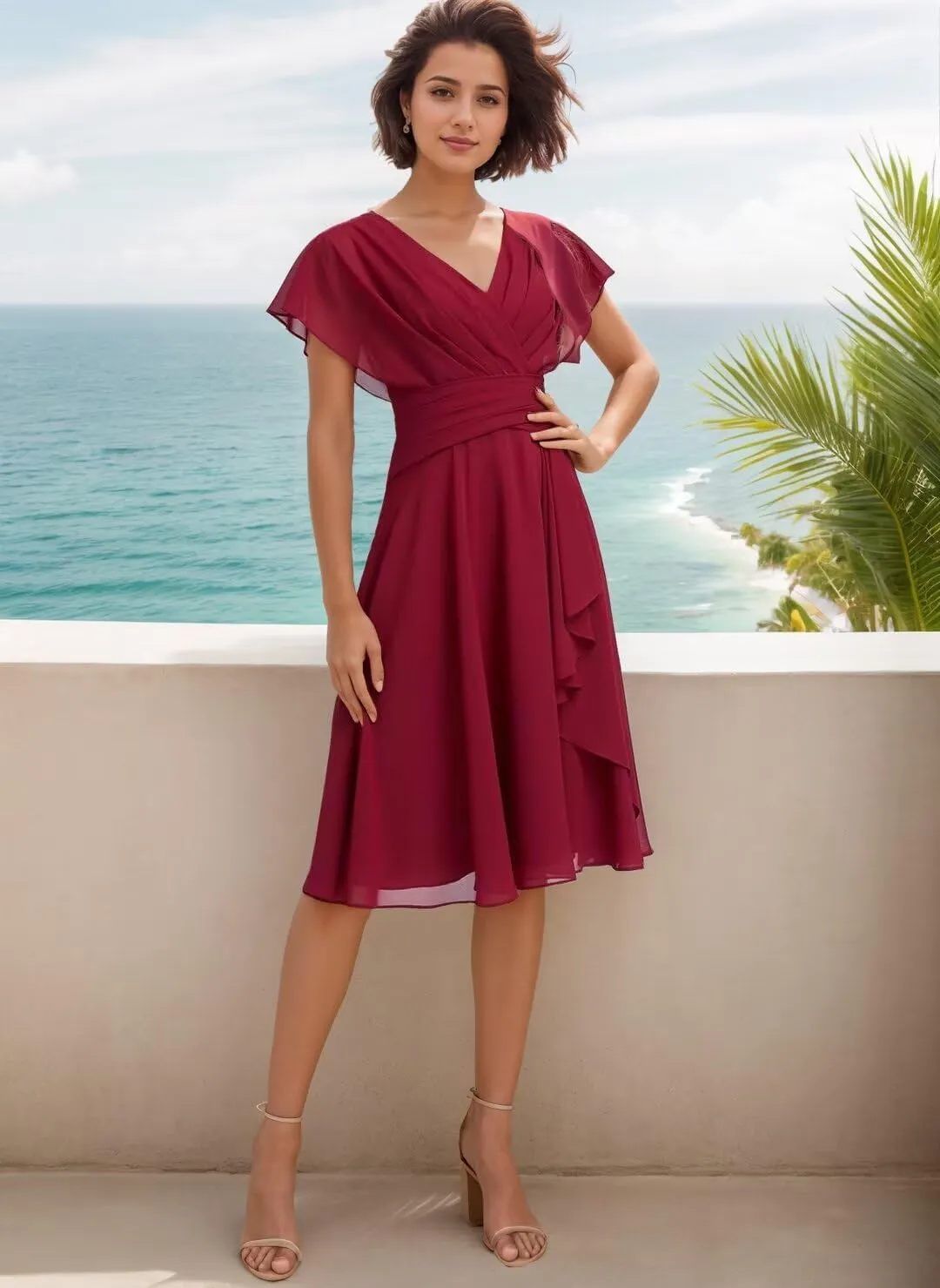 Knee Length Bridesmaid Dresses for Wedding Beach Chiffon V-Neck Formal Dresses for Women 2025 with Short Sleeve