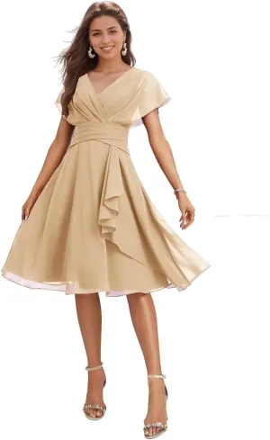 Knee Length Bridesmaid Dresses for Wedding Beach Chiffon V-Neck Formal Dresses for Women 2025 with Short Sleeve