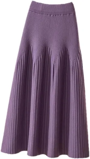 Knitted Skirt Women Casual Solid A Line High Waist Pleated Midi Long Skirt Female Ladies