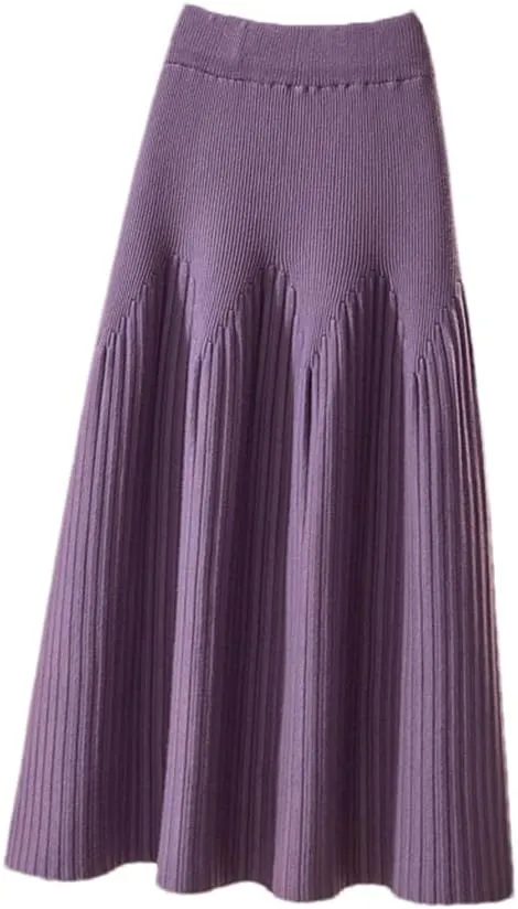 Knitted Skirt Women Casual Solid A Line High Waist Pleated Midi Long Skirt Female Ladies