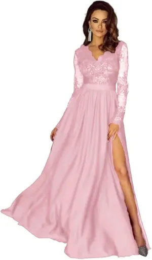 Lace Appliques Satin Prom Dresses for Women Long Sleeve A-Line Formal Evening Gowns with High Slit DR0130