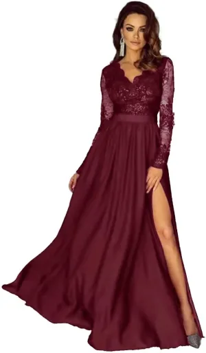 Lace Appliques Satin Prom Dresses for Women Long Sleeve A-Line Formal Evening Gowns with High Slit DR0130