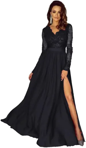 Lace Appliques Satin Prom Dresses for Women Long Sleeve A-Line Formal Evening Gowns with High Slit DR0130