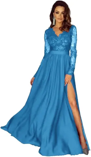 Lace Appliques Satin Prom Dresses for Women Long Sleeve A-Line Formal Evening Gowns with High Slit DR0130
