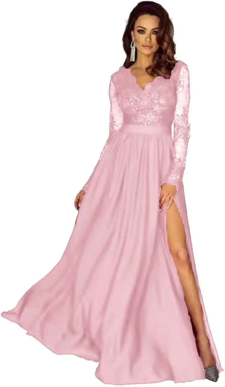 Lace Appliques Satin Prom Dresses for Women Long Sleeve A-Line Formal Evening Gowns with High Slit DR0130