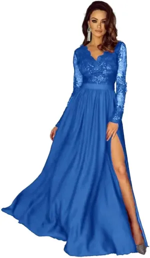Lace Appliques Satin Prom Dresses for Women Long Sleeve A-Line Formal Evening Gowns with High Slit DR0130