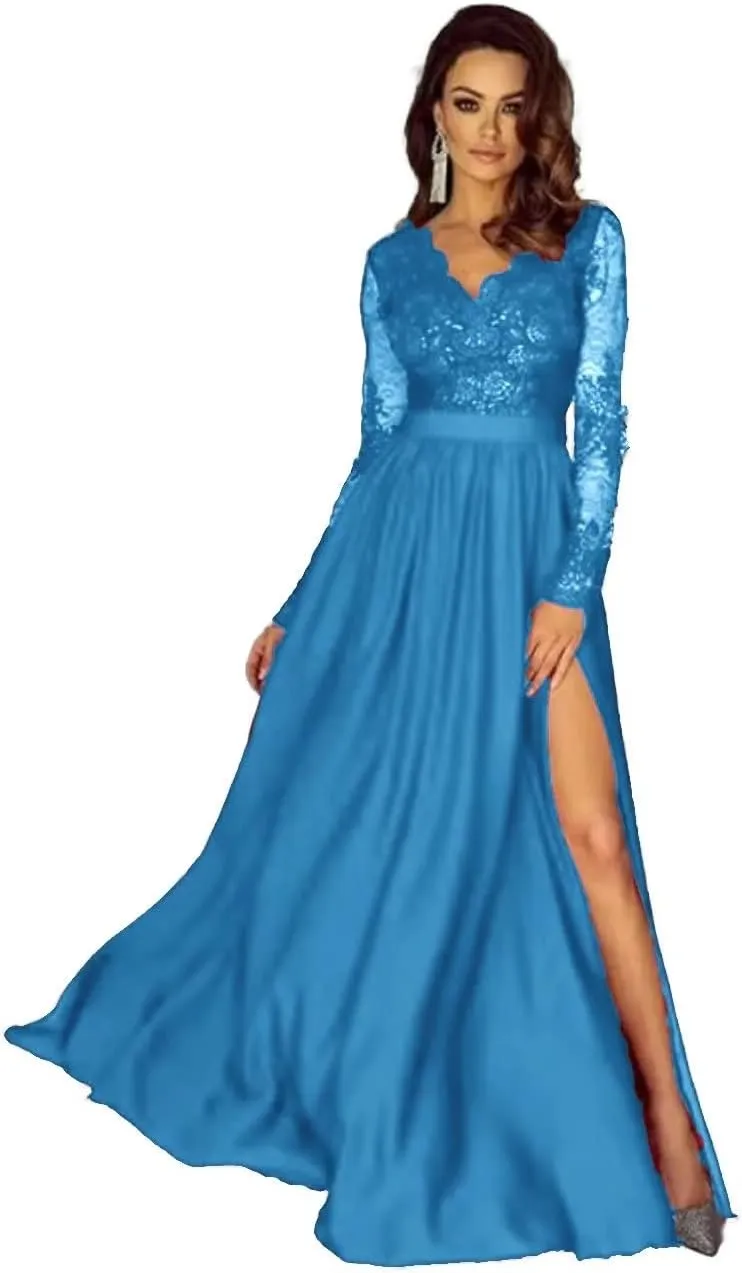 Lace Appliques Satin Prom Dresses for Women Long Sleeve A-Line Formal Evening Gowns with High Slit DR0130