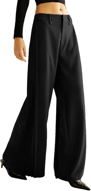 Ladyful Women's Causal Wide Leg Pants Loose Mid Waisted Side Pleated Business Outfits Long Flowy Trousers