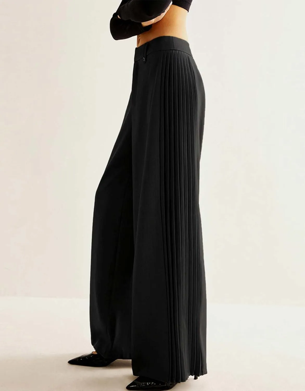 Ladyful Women's Causal Wide Leg Pants Loose Mid Waisted Side Pleated Business Outfits Long Flowy Trousers