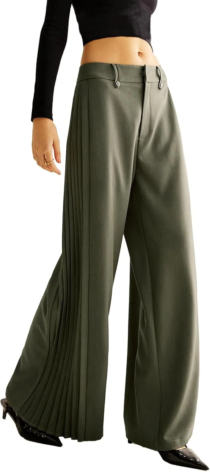 Ladyful Women's Causal Wide Leg Pants Loose Mid Waisted Side Pleated Business Outfits Long Flowy Trousers