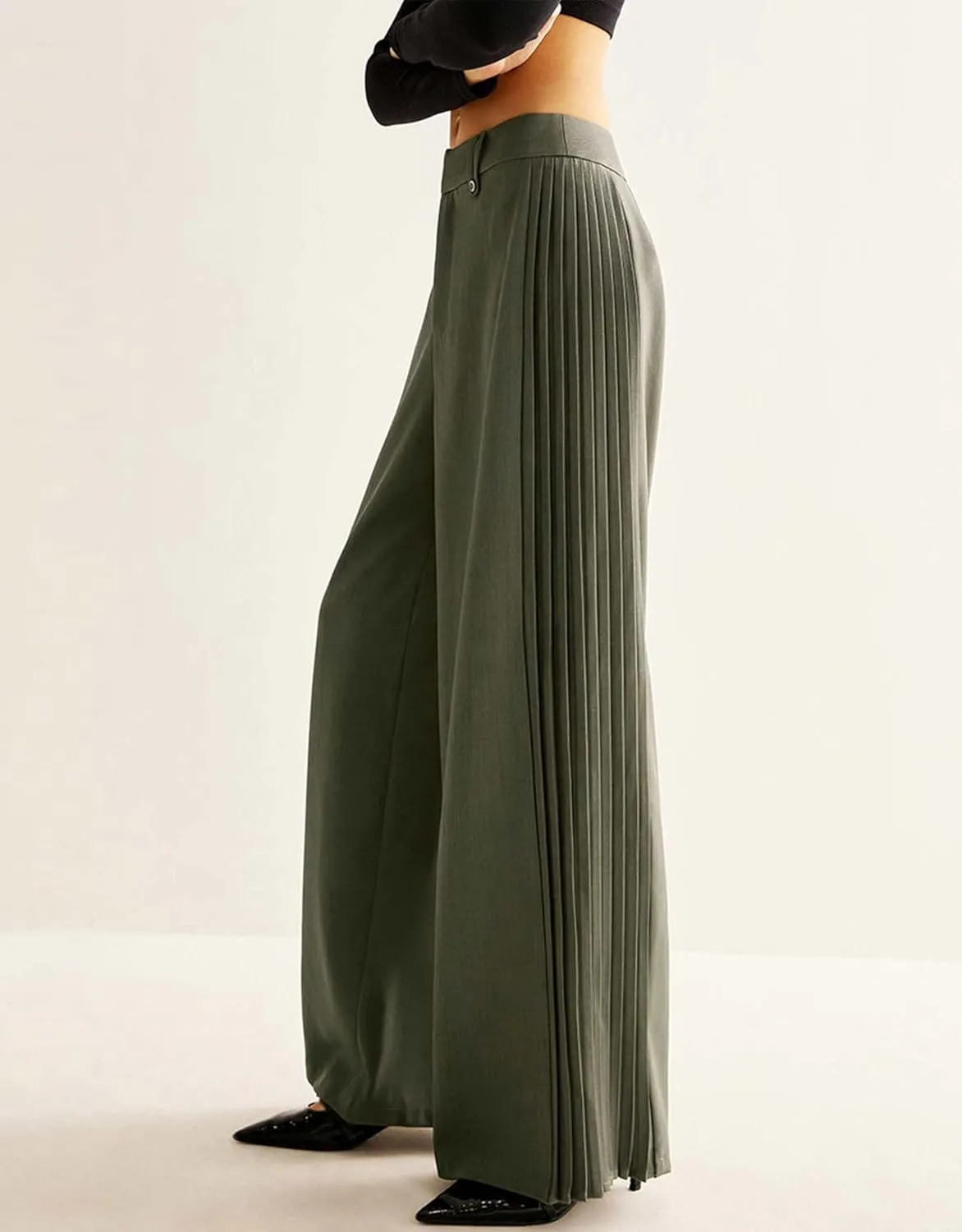 Ladyful Women's Causal Wide Leg Pants Loose Mid Waisted Side Pleated Business Outfits Long Flowy Trousers