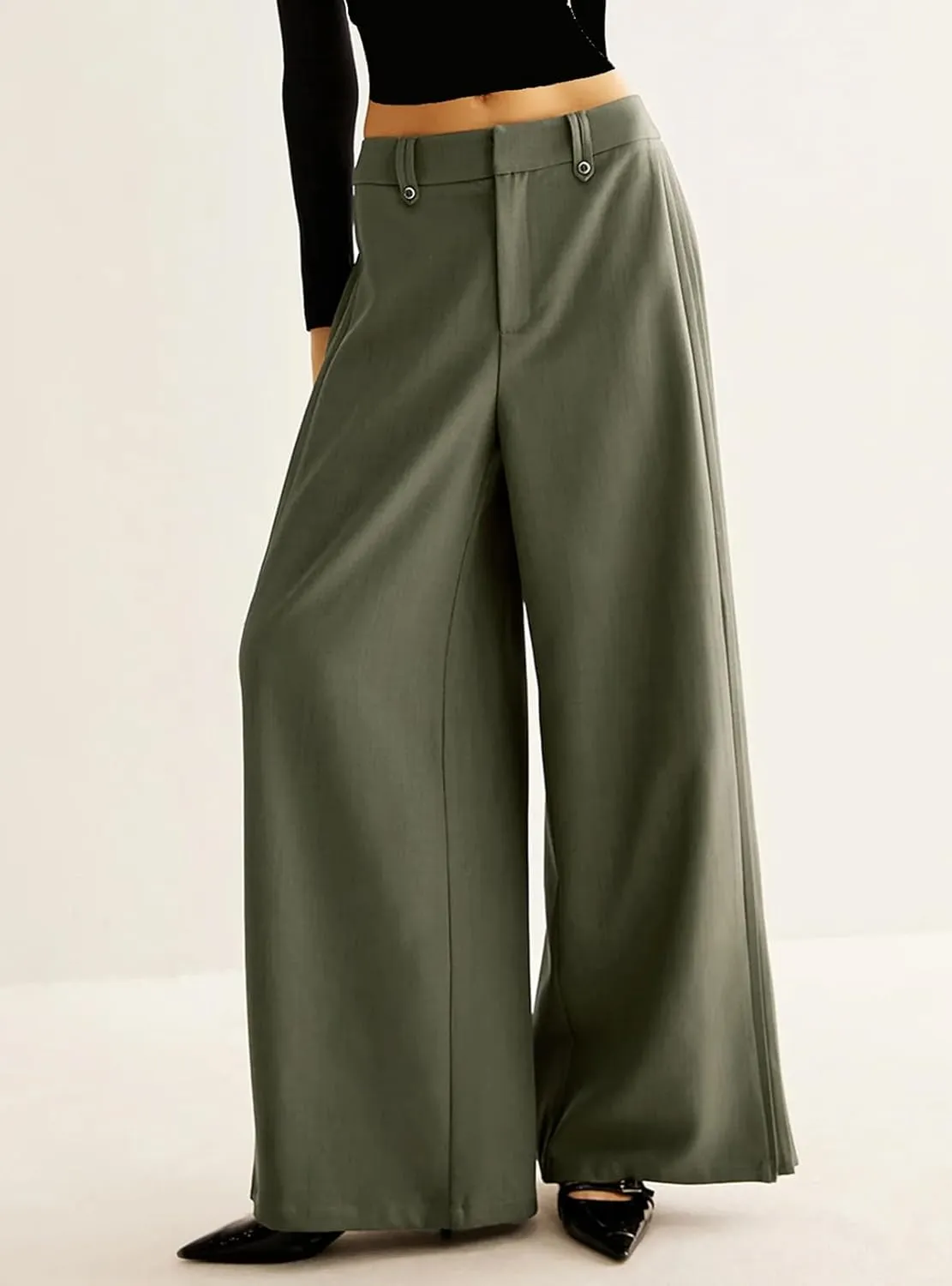 Ladyful Women's Causal Wide Leg Pants Loose Mid Waisted Side Pleated Business Outfits Long Flowy Trousers