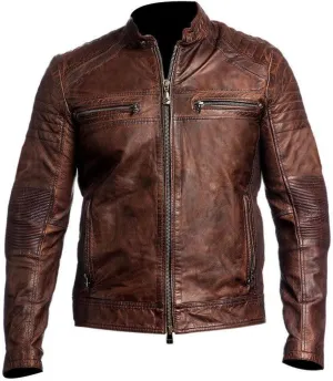 Lambskin Leather Jacket for Men - Vintage Distressed Brown Biker Coat