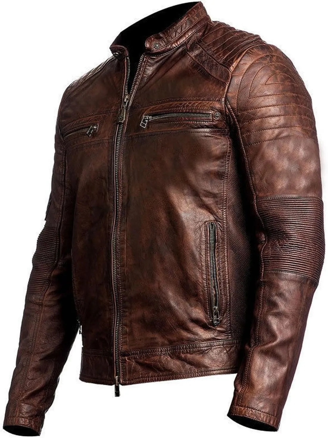 Lambskin Leather Jacket for Men - Vintage Distressed Brown Biker Coat