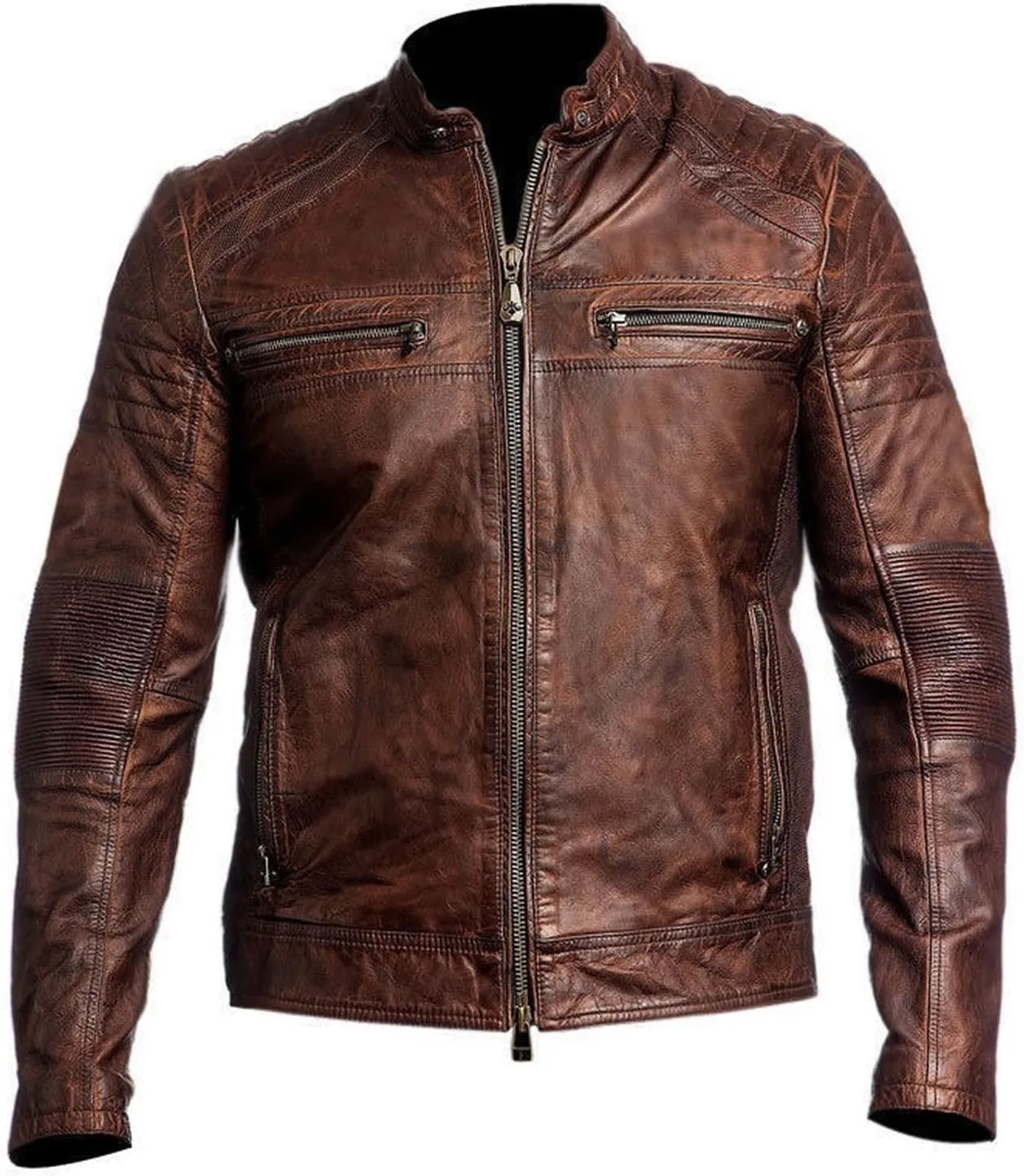 Lambskin Leather Jacket for Men - Vintage Distressed Brown Biker Coat