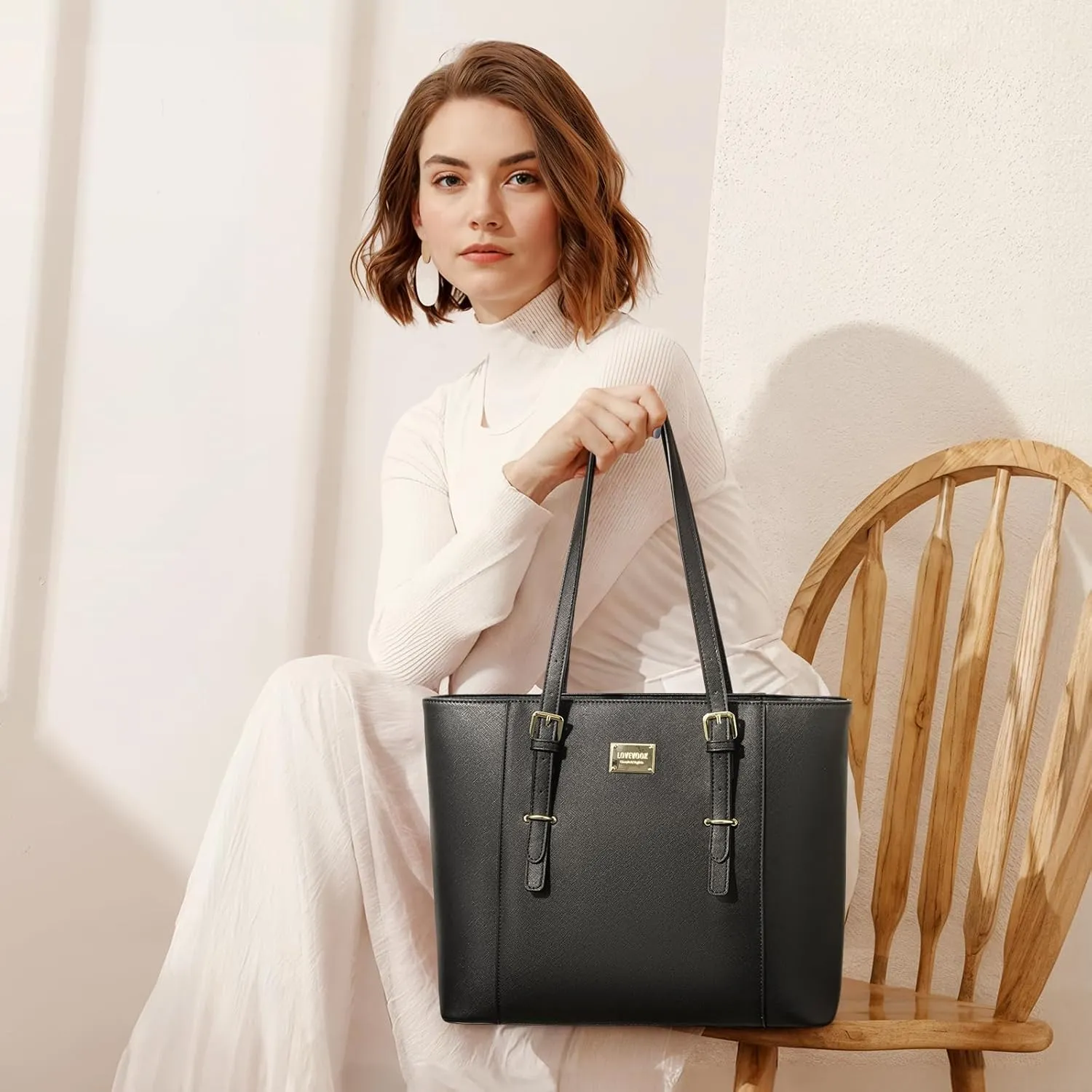 Laptop Bag for Women Large Office Handbags Briefcase Fits Up to 15.6 inch (Updated Version)-Black