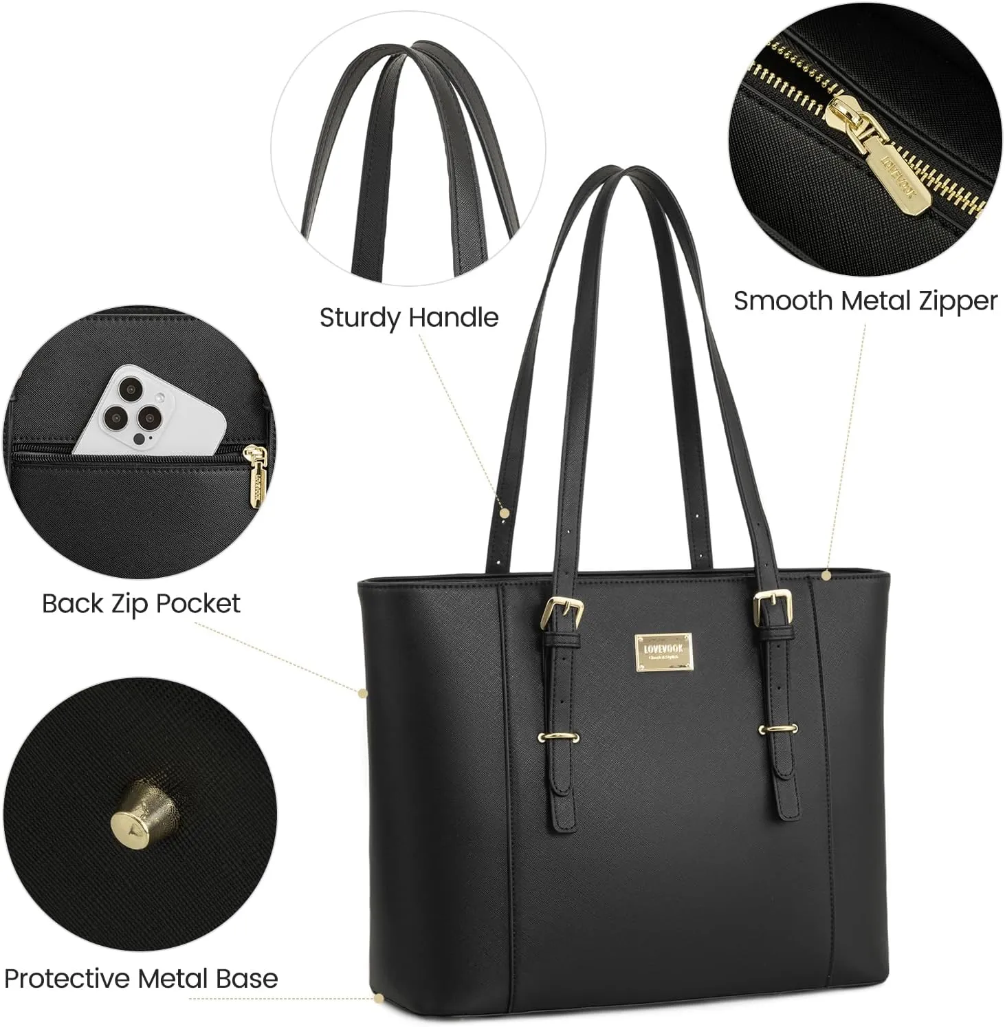 Laptop Bag for Women Large Office Handbags Briefcase Fits Up to 15.6 inch (Updated Version)-Black
