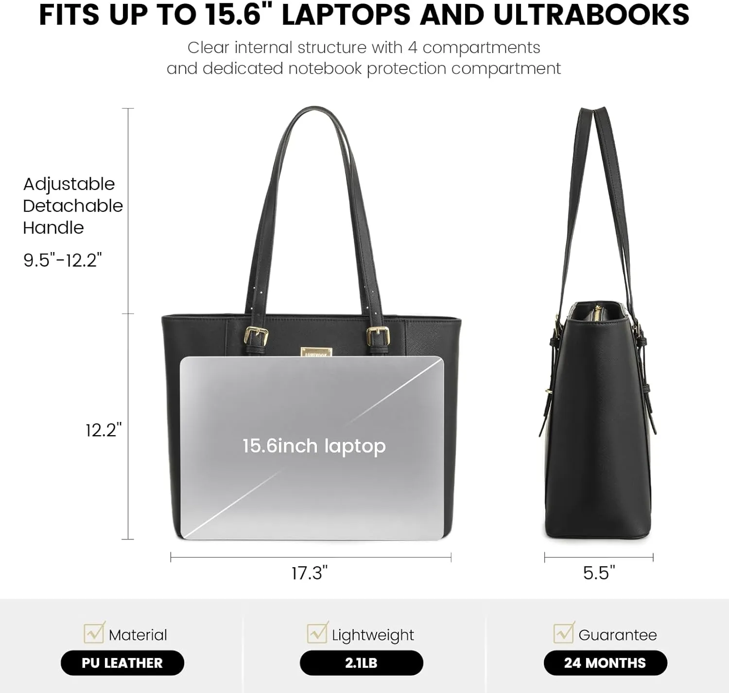 Laptop Bag for Women Large Office Handbags Briefcase Fits Up to 15.6 inch (Updated Version)-Black