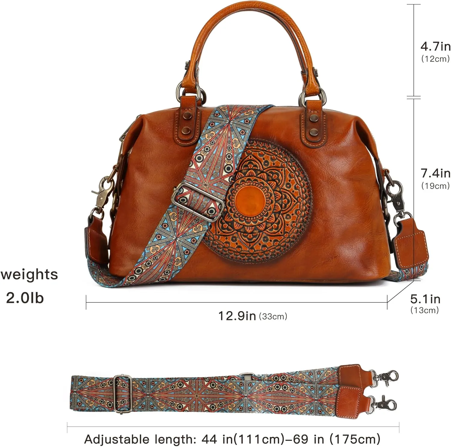 Leather Handbag for Women, Genuine Leather Purses Retro Mandela Crossbody Handbag Tote Bag