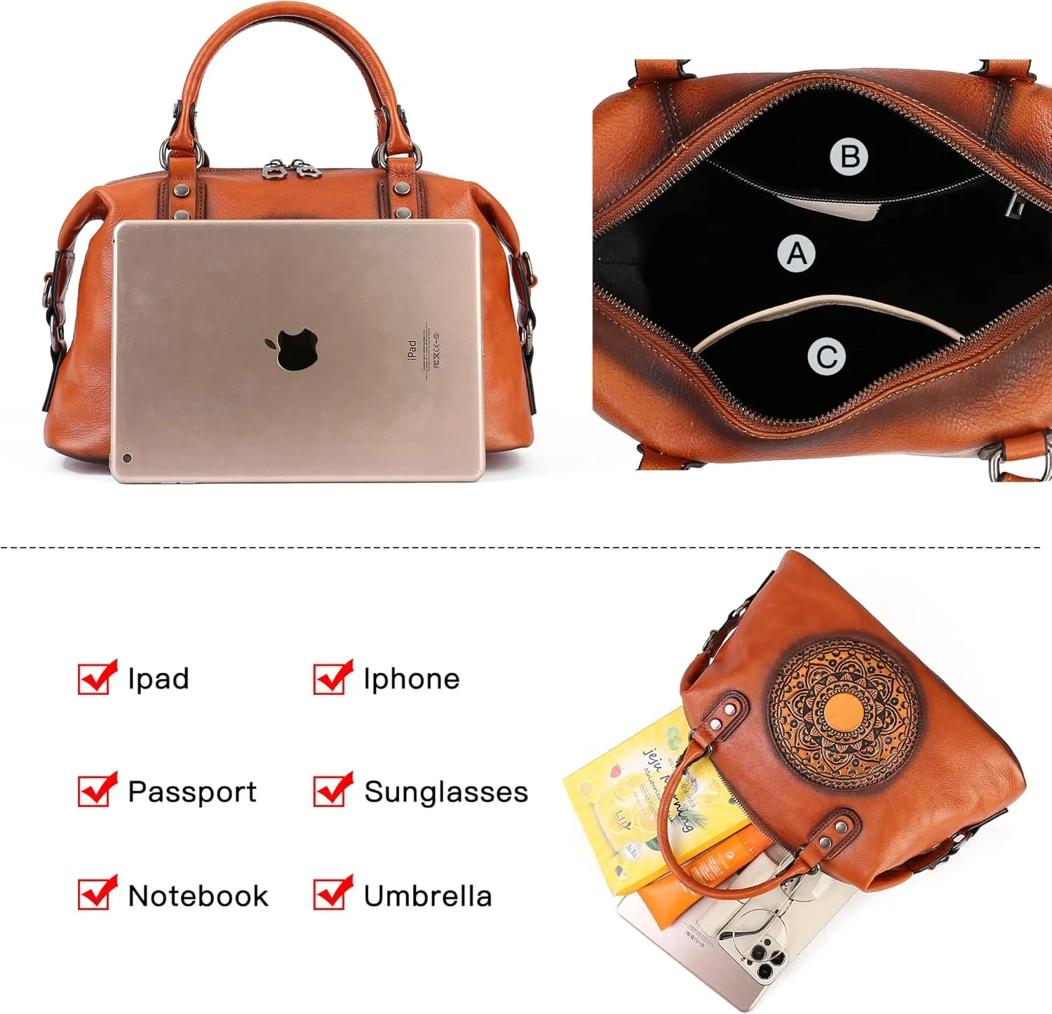 Leather Handbag for Women, Genuine Leather Purses Retro Mandela Crossbody Handbag Tote Bag
