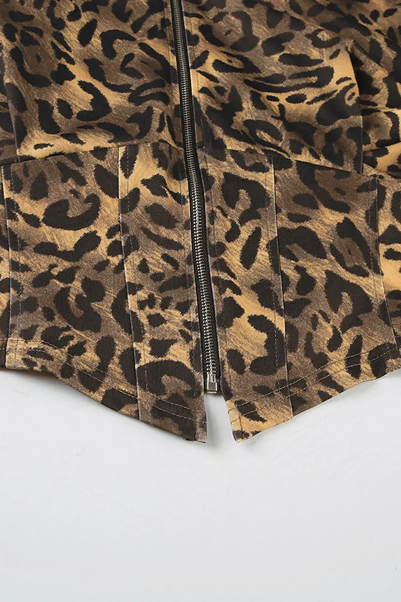 Leopard Long Sleeve Zipper Crop Hoodie Irregular Hem