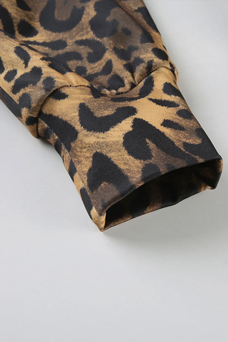 Leopard Long Sleeve Zipper Crop Hoodie Irregular Hem