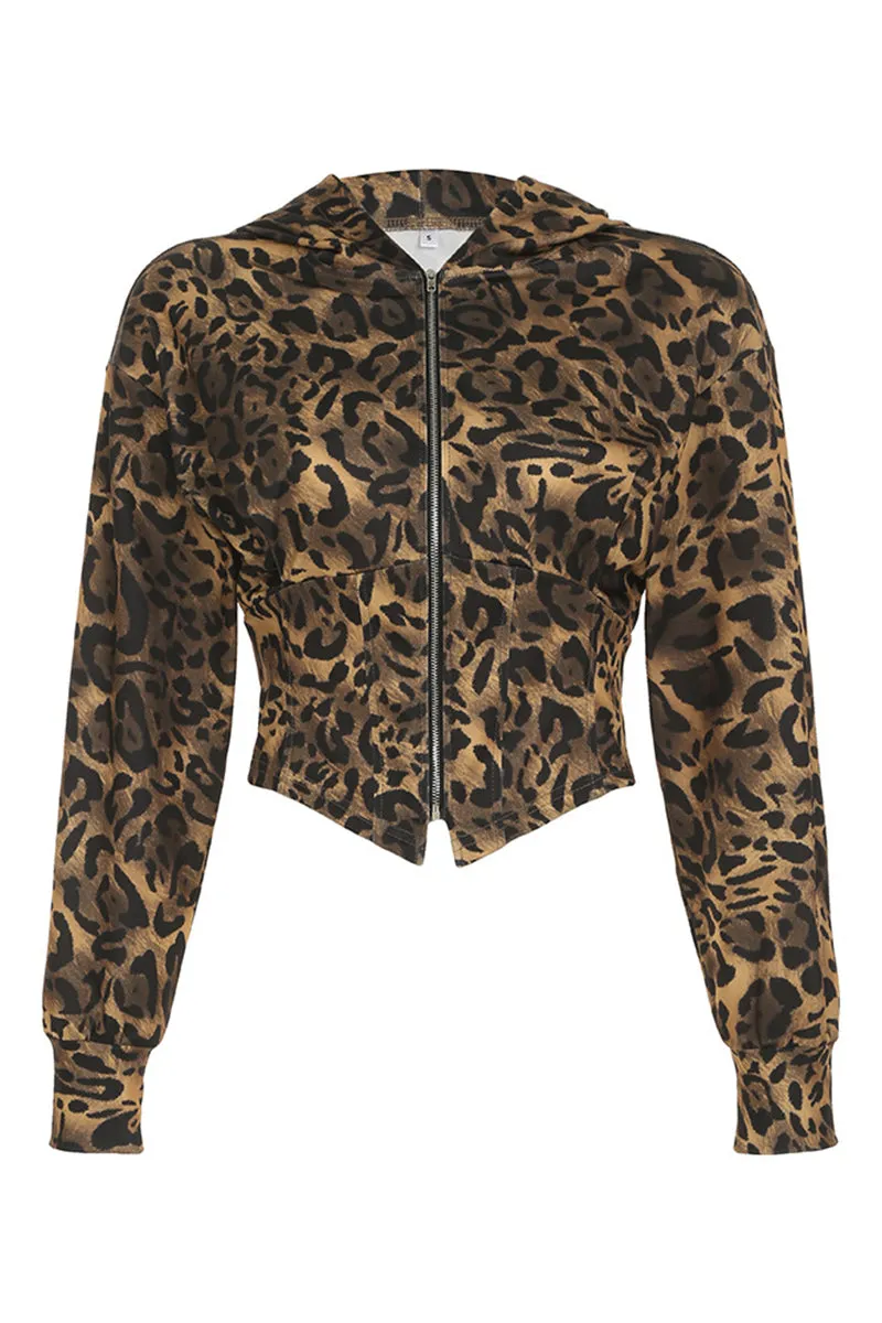 Leopard Long Sleeve Zipper Crop Hoodie Irregular Hem