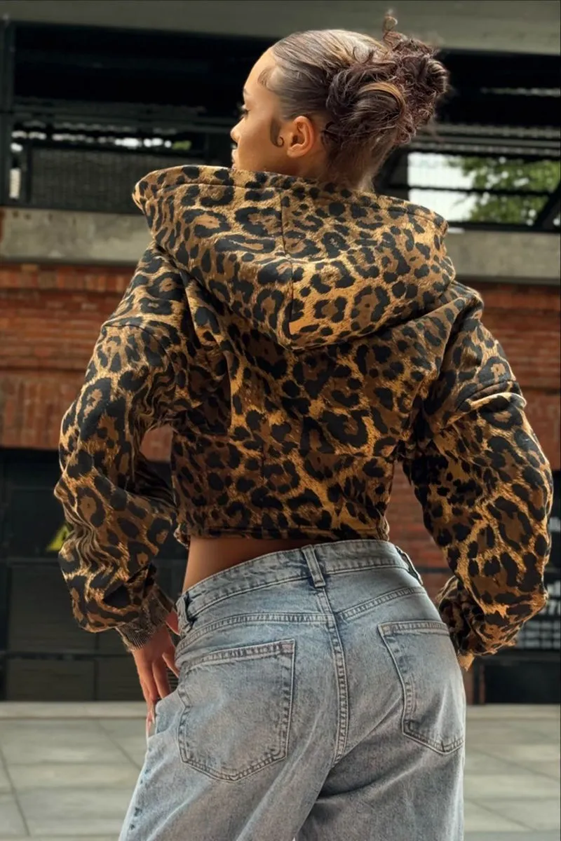 Leopard Long Sleeve Zipper Crop Hoodie Irregular Hem