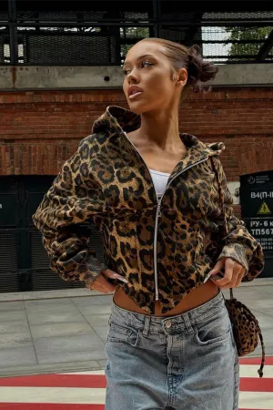 Leopard Long Sleeve Zipper Crop Hoodie Irregular Hem