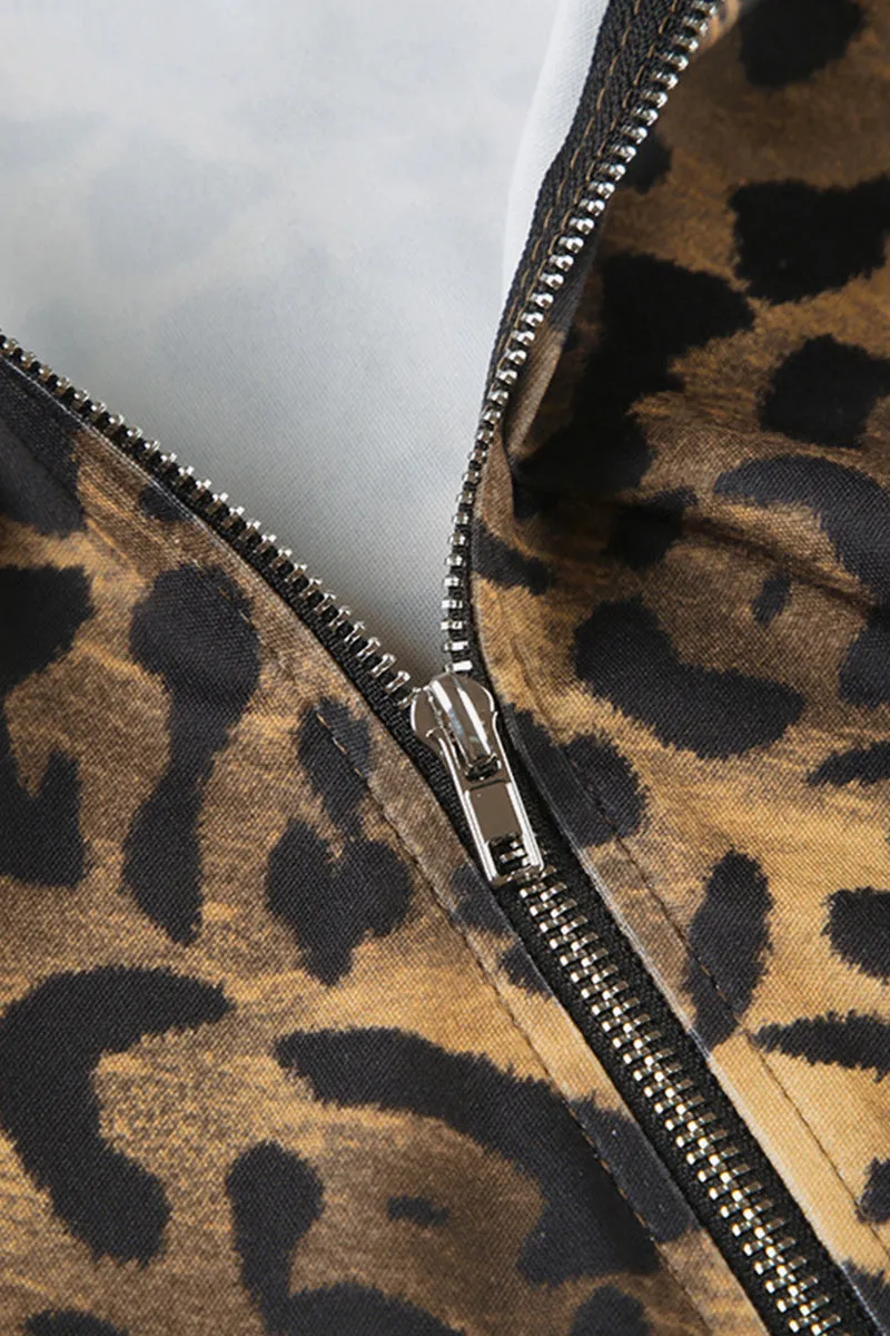 Leopard Long Sleeve Zipper Crop Hoodie Irregular Hem
