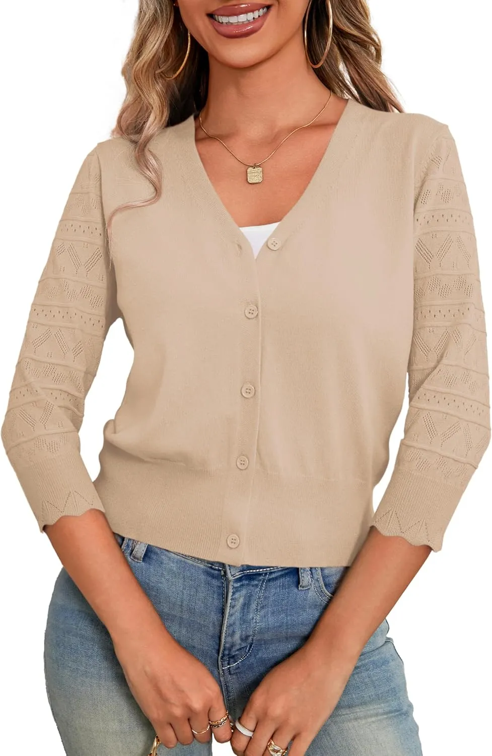 LIENRIDY Women's Crochet Cropped Cardigans Sweaters 3/4 Sleeve Open Front Bolero Shrugs, S-XL