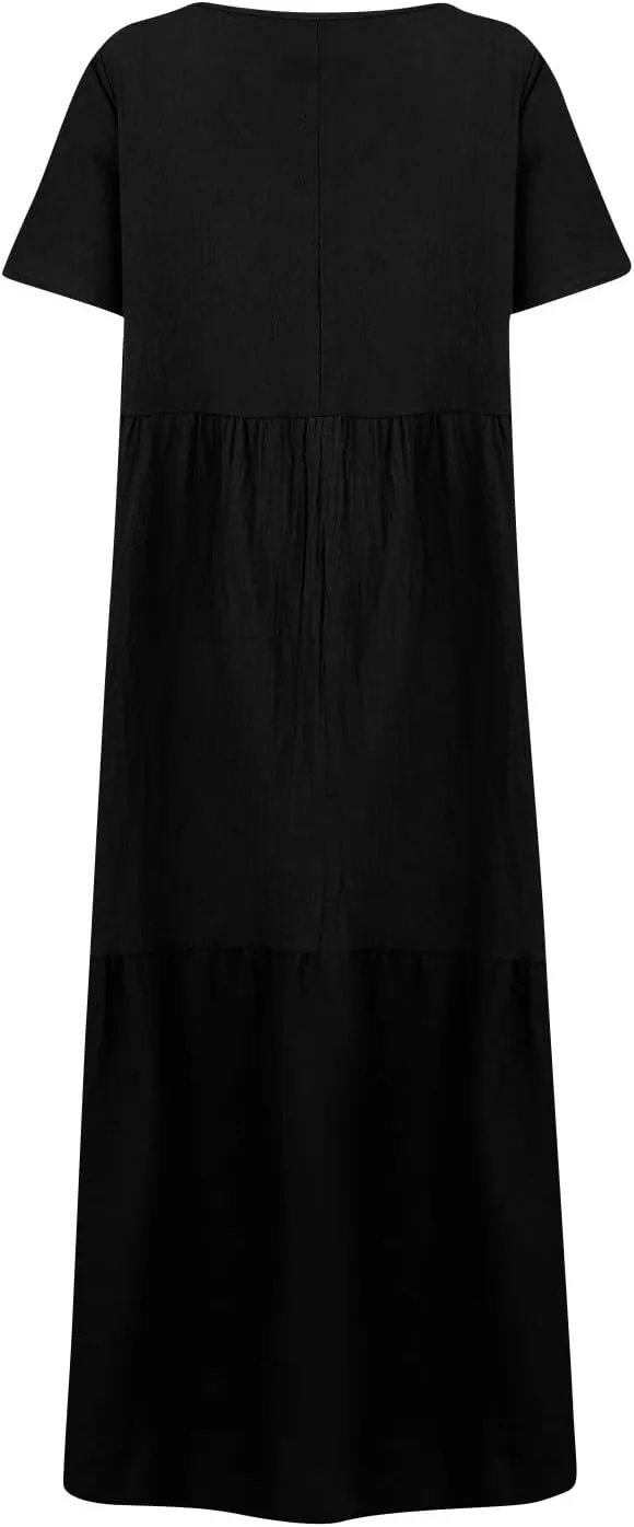 Linen Dress Womens Maxi Dresses 2025 Summer Short Sleeve V Neck Plain Smocked Flowy Long Beach Vacation Sundresses