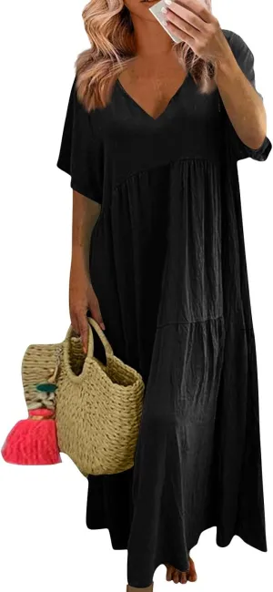 Linen Dress Womens Maxi Dresses 2025 Summer Short Sleeve V Neck Plain Smocked Flowy Long Beach Vacation Sundresses