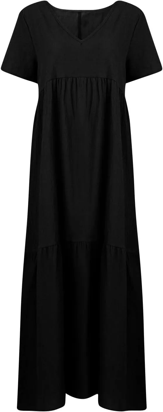Linen Dress Womens Maxi Dresses 2025 Summer Short Sleeve V Neck Plain Smocked Flowy Long Beach Vacation Sundresses