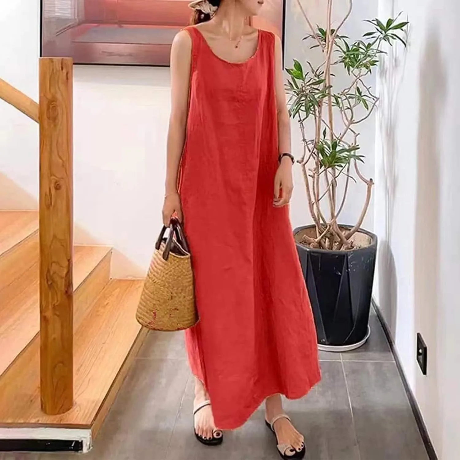 Linen Dresses for Women 2025 Plus Size Dress with Pocket Summer Casual Long Sleeve Boho Maxi Dress Sundress Clothes