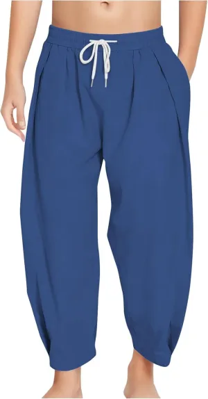 Linen Pants for Girls Summer Casual Loose Lightweight Solid Harem Pants Kids Drawstring Wide Leg Trousers with Pocket
