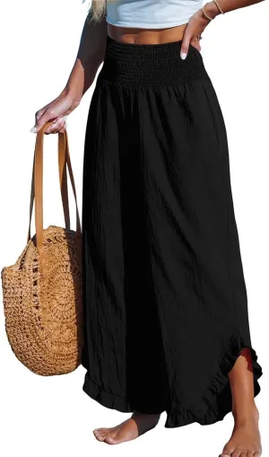 Linen Pants for Women Ruffle Cuffs Smocked High Waist Wide Leg Beach Pants Summer Flowy Palazzo Trousers with Pockets