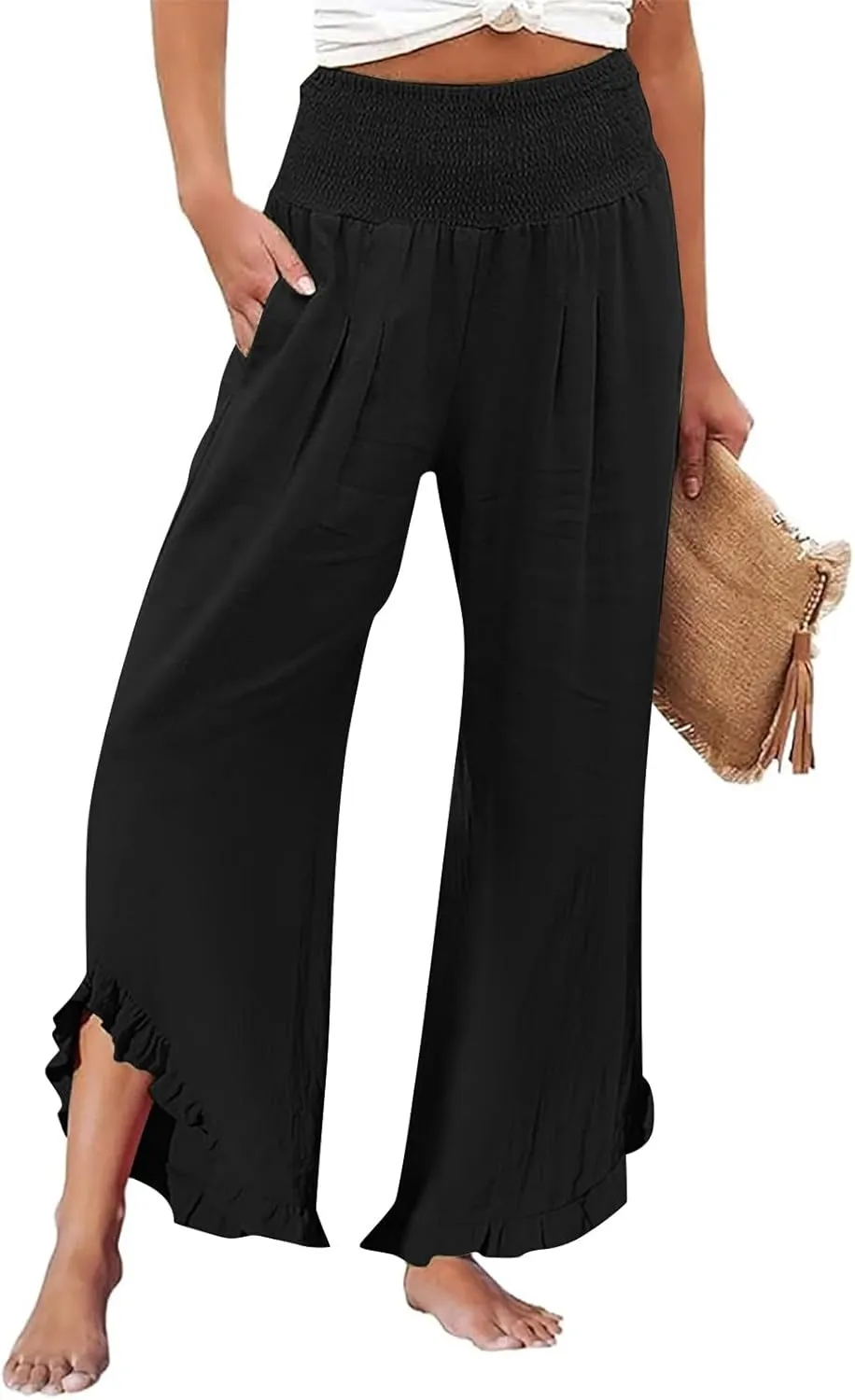 Linen Pants for Women Ruffle Cuffs Smocked High Waist Wide Leg Beach Pants Summer Flowy Palazzo Trousers with Pockets