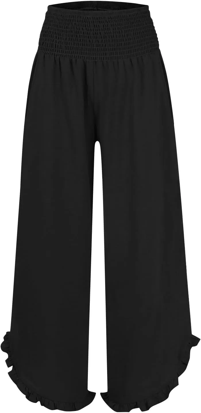 Linen Pants for Women Ruffle Cuffs Smocked High Waist Wide Leg Beach Pants Summer Flowy Palazzo Trousers with Pockets