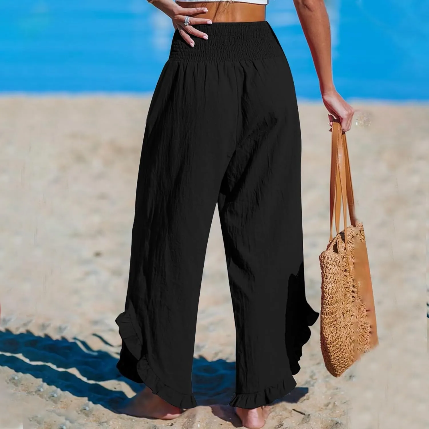 Linen Pants for Women Ruffle Cuffs Smocked High Waist Wide Leg Beach Pants Summer Flowy Palazzo Trousers with Pockets
