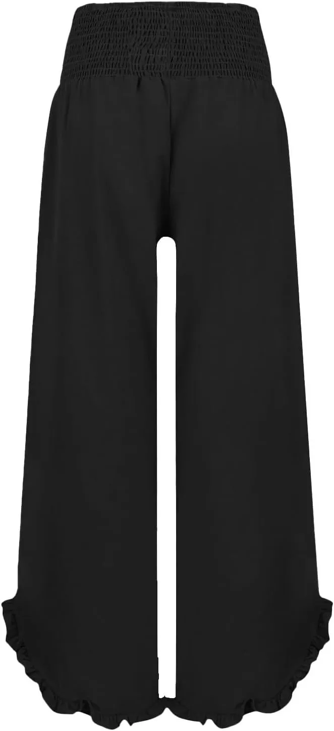 Linen Pants for Women Ruffle Cuffs Smocked High Waist Wide Leg Beach Pants Summer Flowy Palazzo Trousers with Pockets