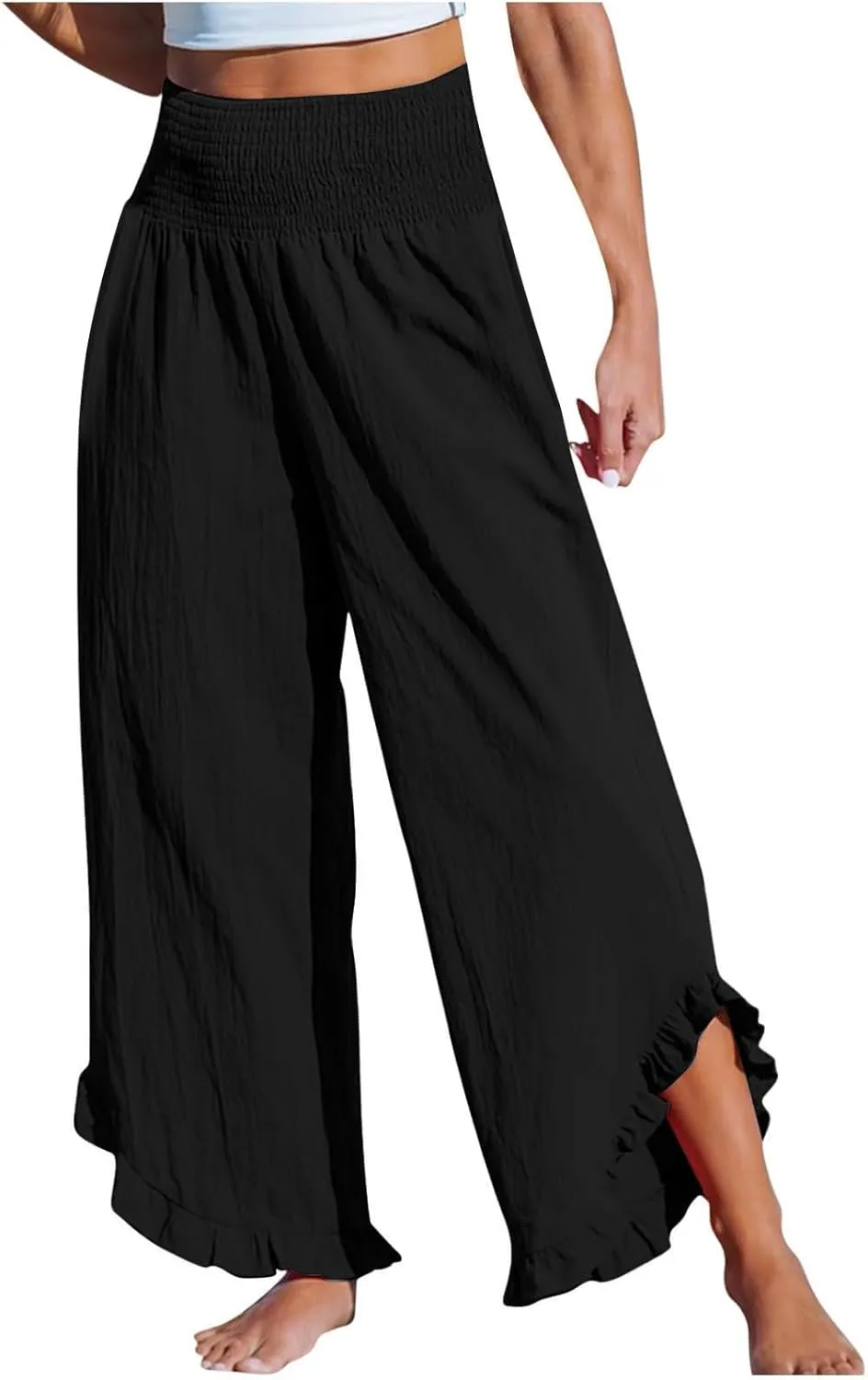 Linen Pants for Women Ruffle Cuffs Smocked High Waist Wide Leg Beach Pants Summer Flowy Palazzo Trousers with Pockets