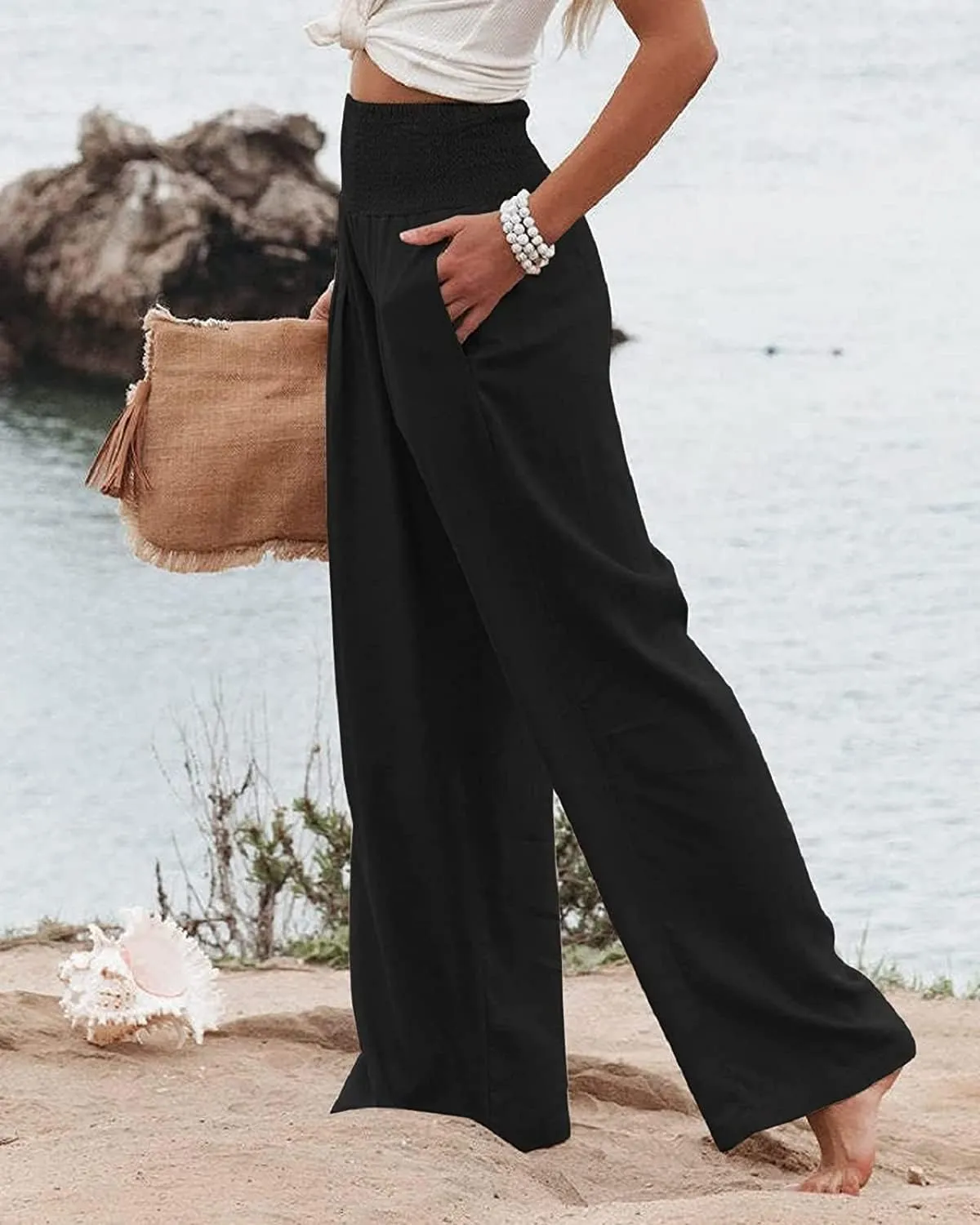 Linen Pants for Women Wide Leg Elastic High Waisted Palazzo Pants Lounge Yoga Trousers Beach Pants with Pockets