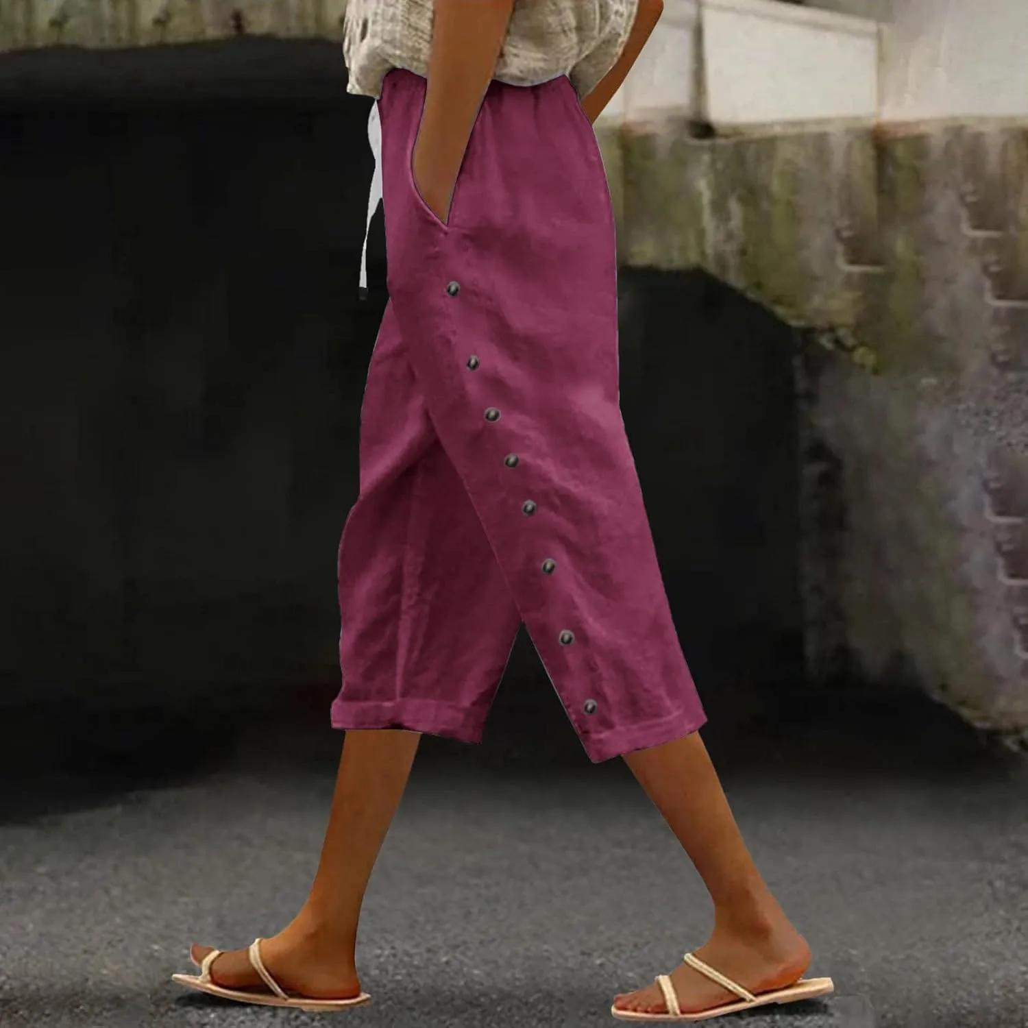 Linen Pants Women 2025 Summer Cotton Linen Capri Shorts Trendy Lightweight Drawstring Striped Short Pants with Pocket