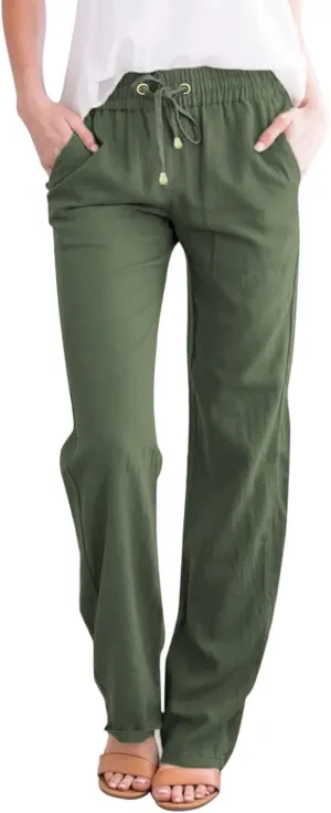 Linen Pants Women Casual Linen High Waist Pants Drawstring Loose Fit Summer Pants Trousers with Side Pockets