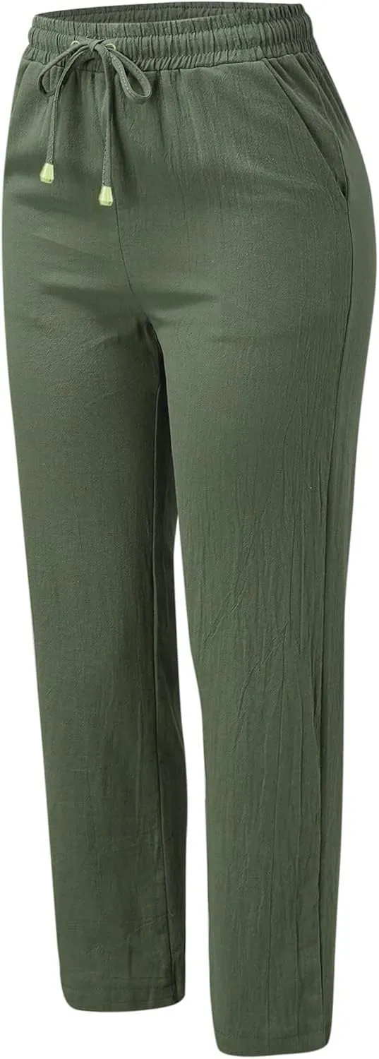 Linen Pants Women Casual Linen High Waist Pants Drawstring Loose Fit Summer Pants Trousers with Side Pockets