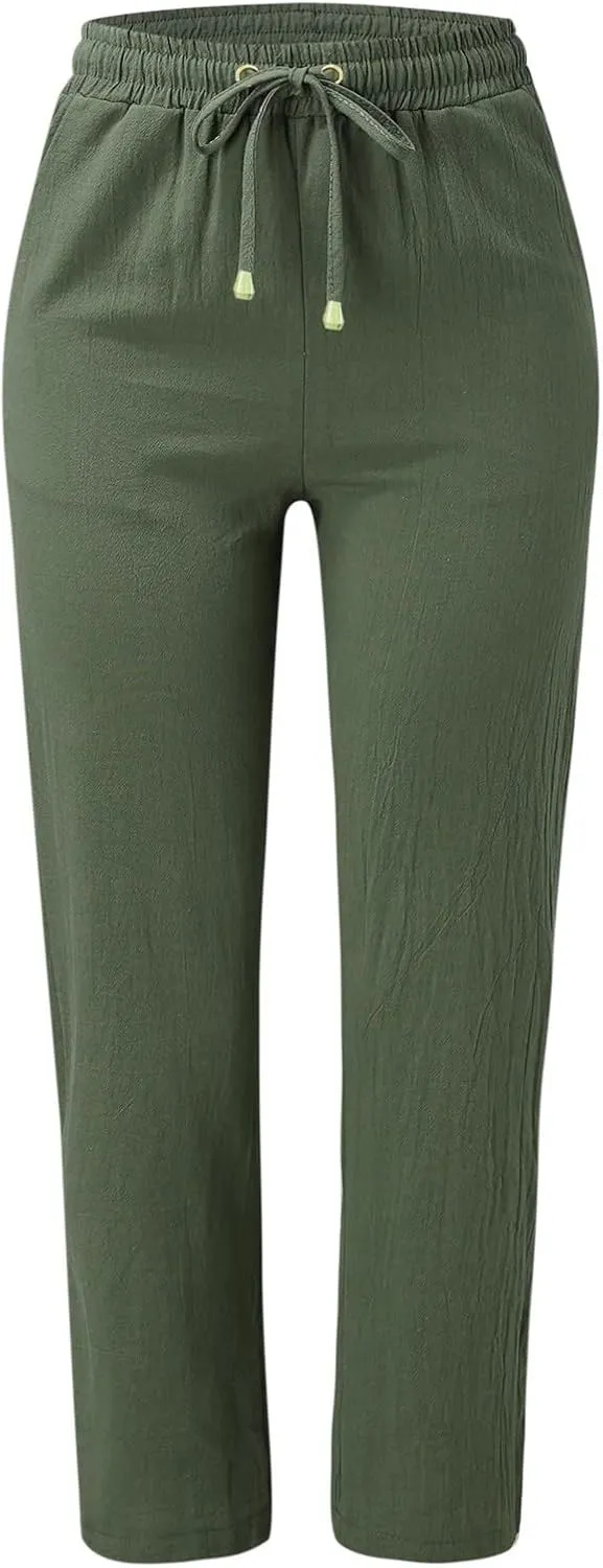 Linen Pants Women Casual Linen High Waist Pants Drawstring Loose Fit Summer Pants Trousers with Side Pockets