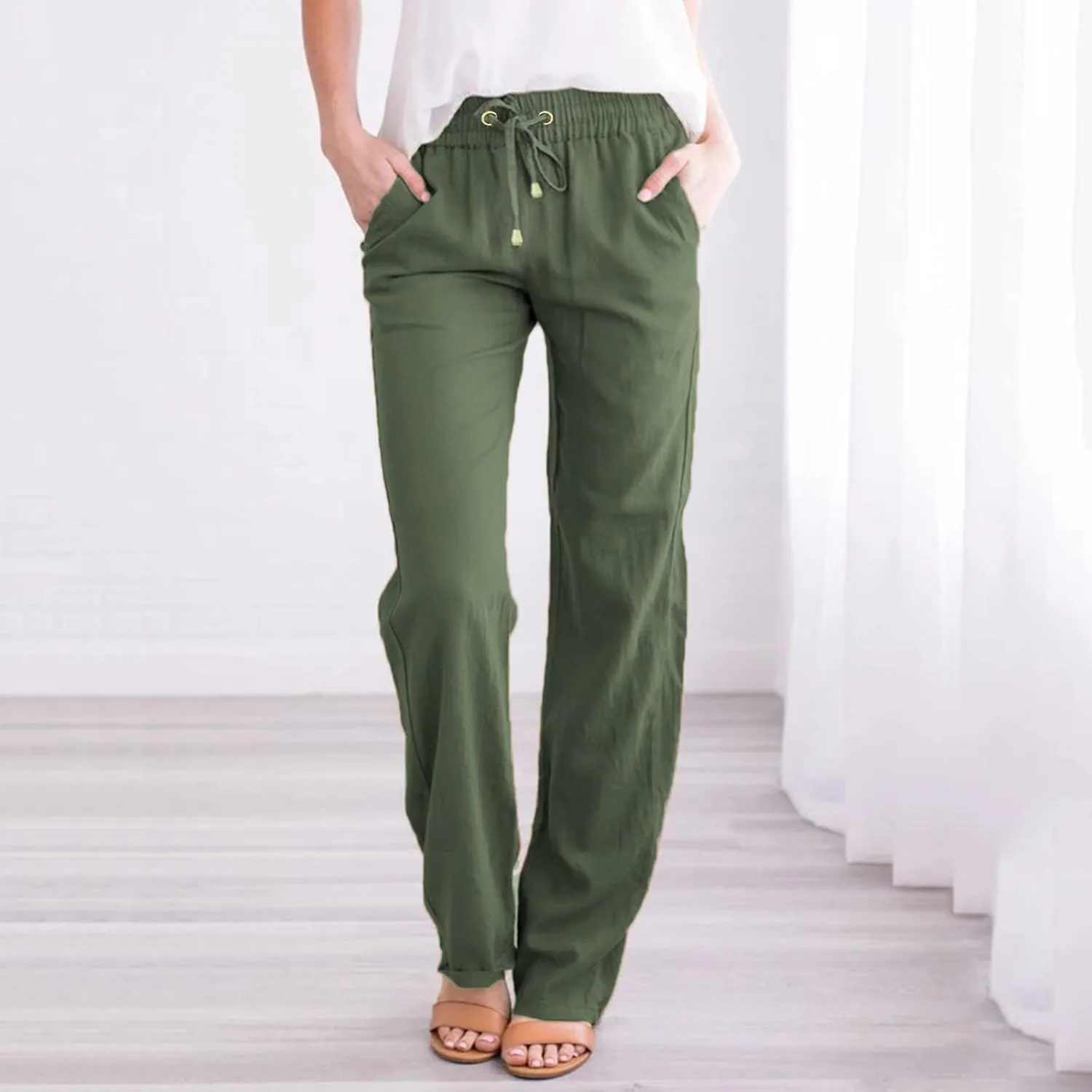 Linen Pants Women Casual Linen High Waist Pants Drawstring Loose Fit Summer Pants Trousers with Side Pockets