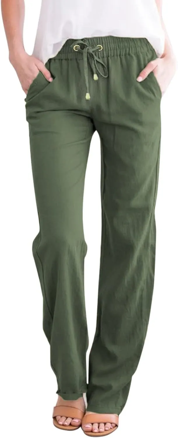 Linen Pants Women Casual Linen High Waist Pants Drawstring Loose Fit Summer Pants Trousers with Side Pockets