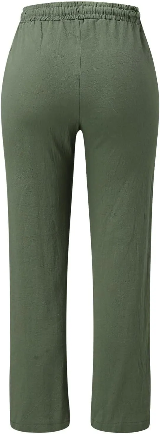 Linen Pants Women Casual Linen High Waist Pants Drawstring Loose Fit Summer Pants Trousers with Side Pockets